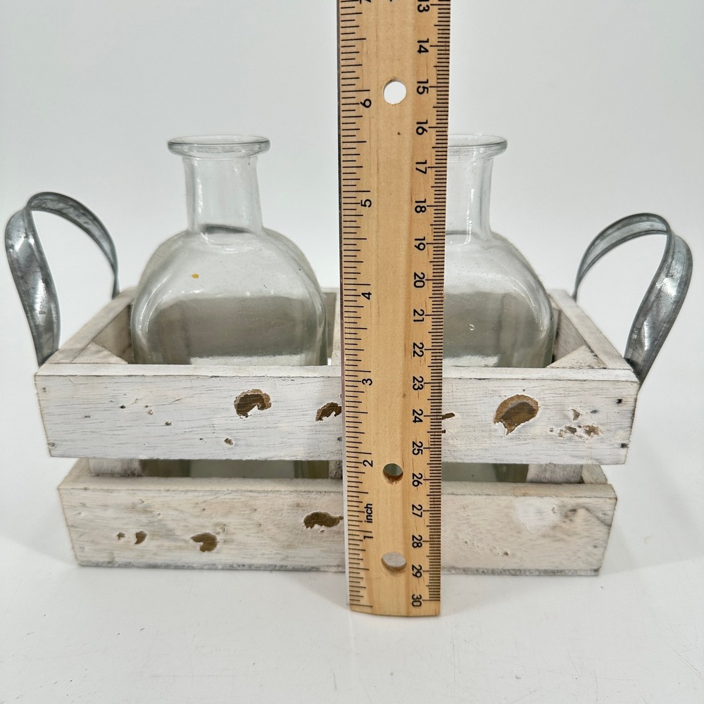 Farmhouse Distressed White Wooden Crate with 2 Glass Bud Vases Metal Handles - Picture 10 of 10